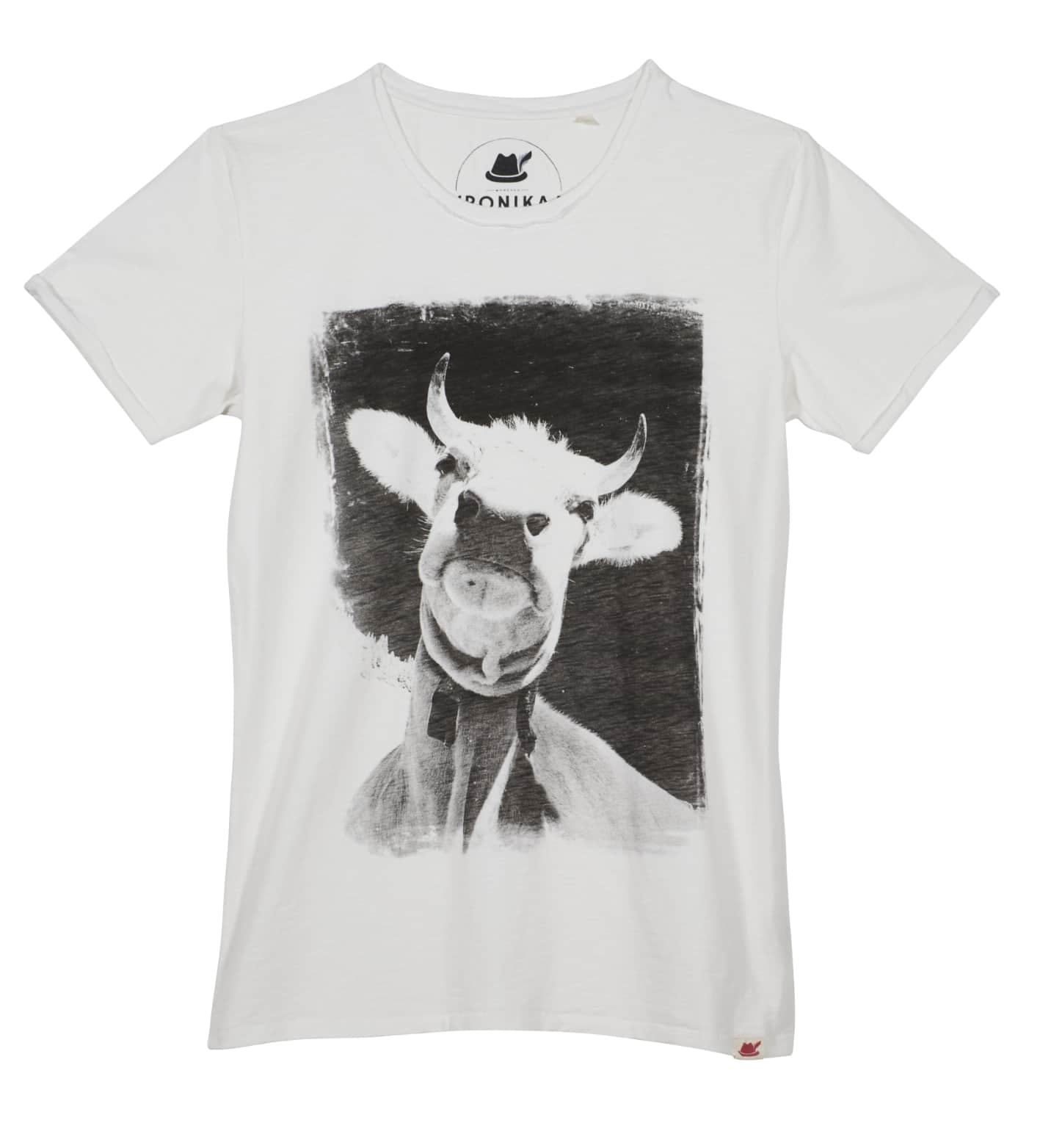 Freisteller von einem Herren Shirt mit einem vintage Foto-Aufdruck einer Kuh.