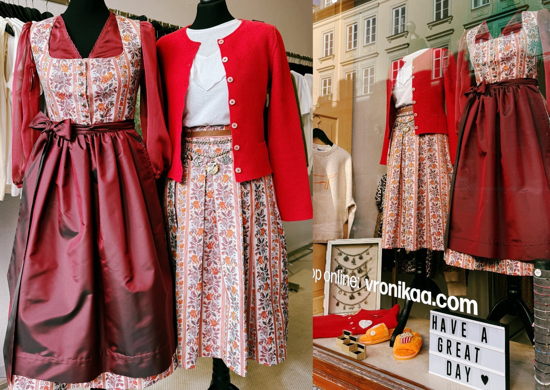 Frühlingsschaufenster bei vronikaa leuchtendes orange und rot für Dirndl und Trachtenröcke