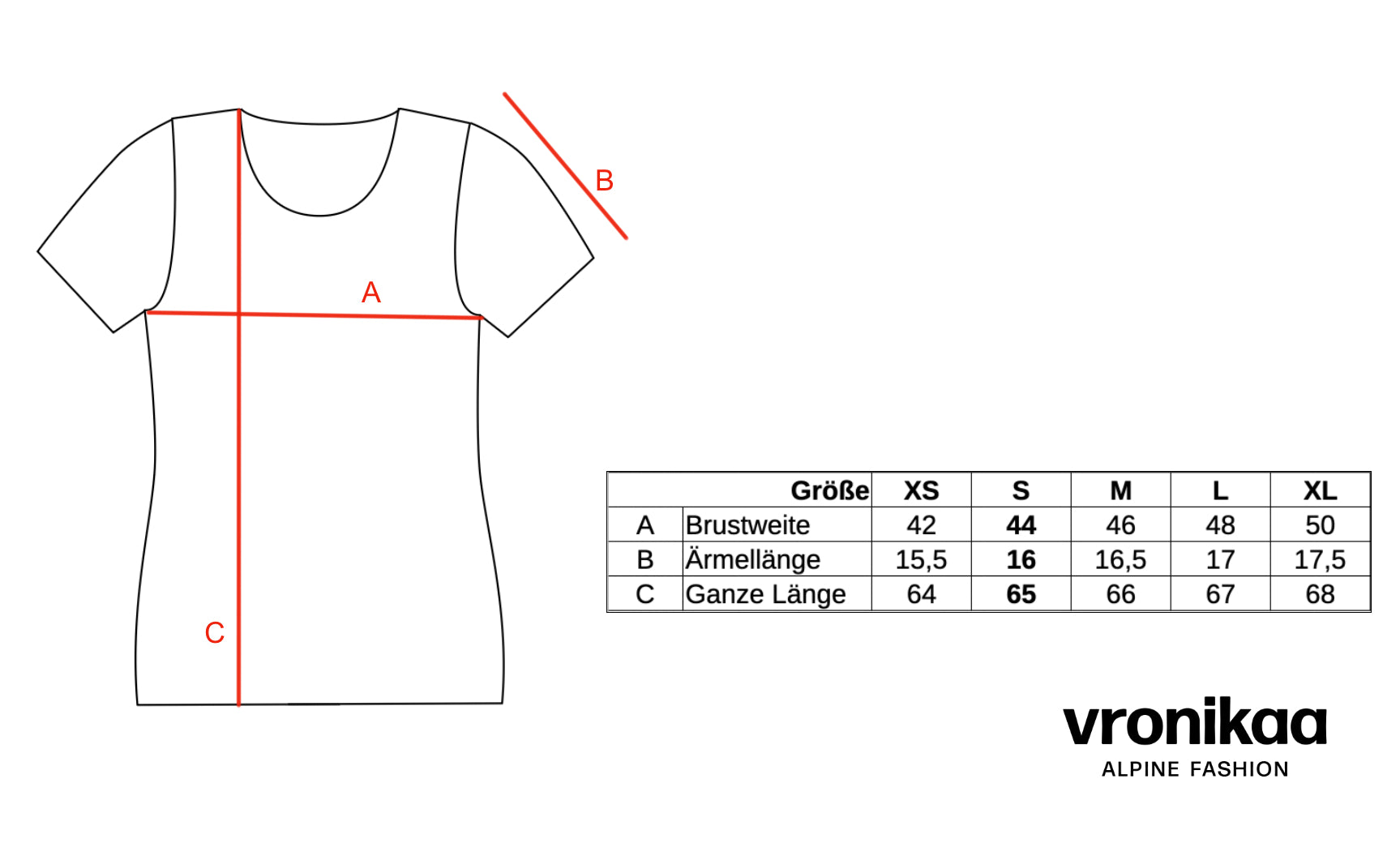 Maßtabelle für Damen Shirt mit rundem Ausschnitt. 