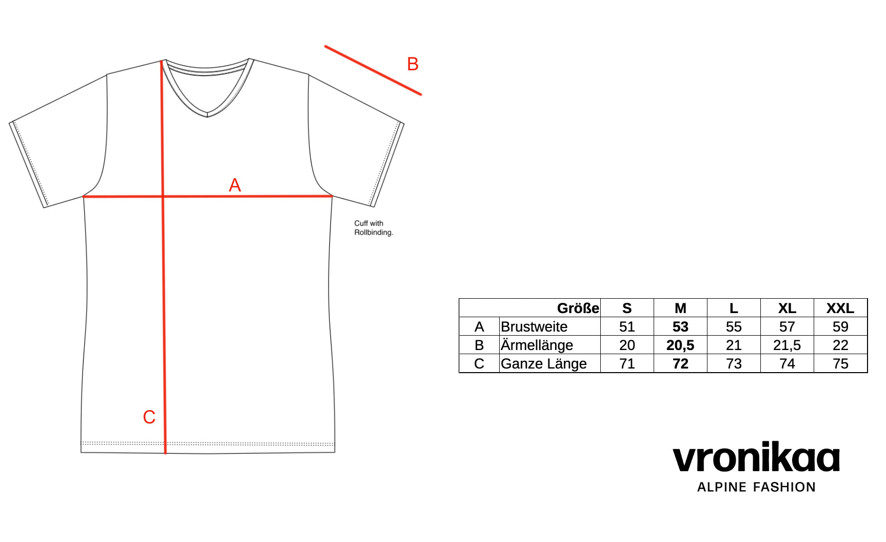 Maßtabelle für Herren Shirt mit V-Ausschnitt