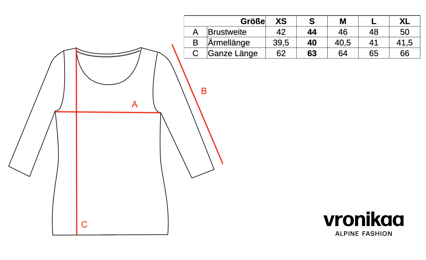 Maßtabelle für Damen Shirt