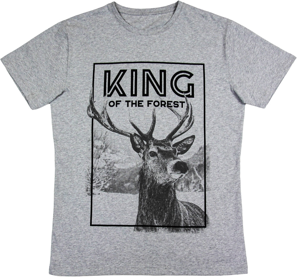 Freisteller von einem grauen Shirt mit großem Aufdruck eines Hirsches und dem Schriftzug King of the Forest